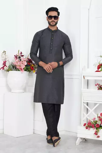 men black jacquard silk brocade straight kurta churidar with lining