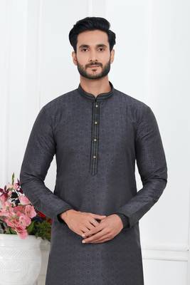men black jacquard silk brocade straight kurta churidar with lining 3