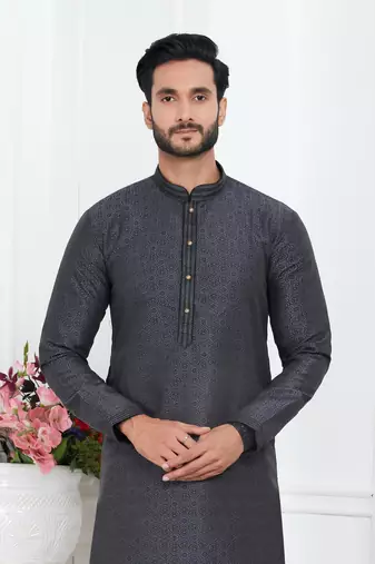 men black jacquard silk brocade straight kurta churidar with lining