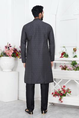 men black jacquard silk brocade straight kurta churidar with lining 4