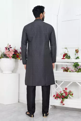 men black jacquard silk brocade straight kurta churidar with lining