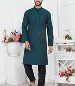 Men dark teal green jacquard silk brocade straight kurta with lining