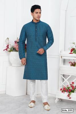 men blue jacquard silk brocade straight kurta churidar without lining 1
