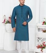 men blue jacquard silk brocade straight kurta churidar without lining