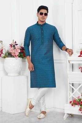 men blue jacquard silk brocade straight kurta churidar without lining 2