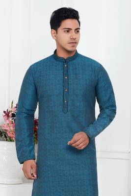 men blue jacquard silk brocade straight kurta churidar without lining 3