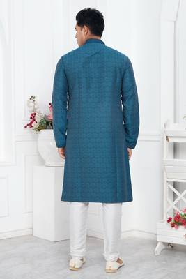 men blue jacquard silk brocade straight kurta churidar without lining 4