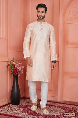 men peach jacquard silk brocade  pintux straight kurta churidar 1