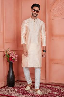 men peach jacquard silk brocade  pintux straight kurta churidar 2