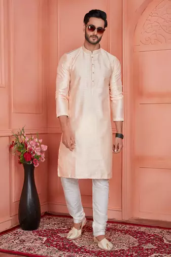men peach jacquard silk brocade  pintux straight kurta churidar