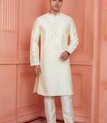 Men lemon yellow jacquard silk brocade  pintux straight kurta