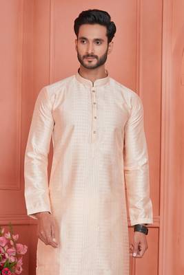 men peach jacquard silk brocade  pintux straight kurta churidar 3