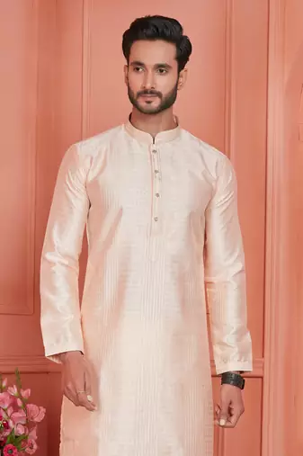 men peach jacquard silk brocade  pintux straight kurta churidar