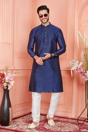 men blue jacquard silk brocade  pintux straight kurta churidar