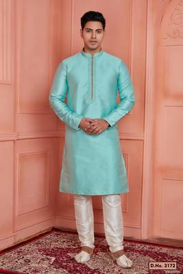 men cyan jacquard silk brocade  pintux straight kurta churidar 1
