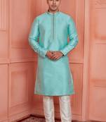 men cyan jacquard silk brocade  pintux straight kurta churidar