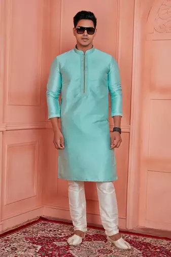 men cyan jacquard silk brocade  pintux straight kurta churidar