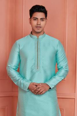 men cyan jacquard silk brocade  pintux straight kurta churidar 3