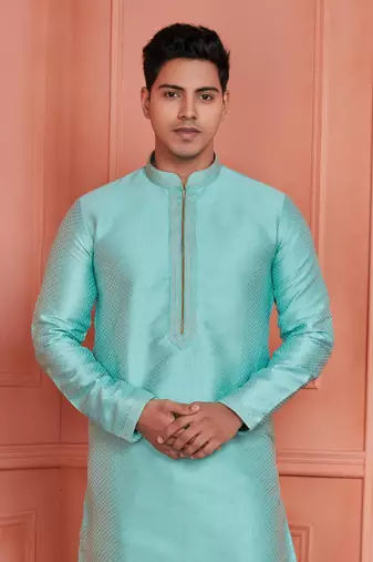 men cyan jacquard silk brocade  pintux straight kurta churidar