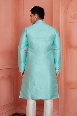 men cyan jacquard silk brocade  pintux straight kurta churidar 4