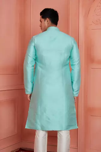 men cyan jacquard silk brocade  pintux straight kurta churidar