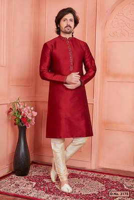 men maroon jacquard silk brocade  pintux straight kurta churidar 1