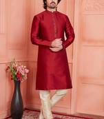 men maroon jacquard silk brocade  pintux straight kurta churidar