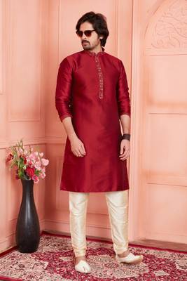 men maroon jacquard silk brocade  pintux straight kurta churidar 2