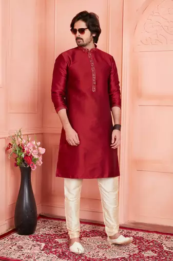 men maroon jacquard silk brocade  pintux straight kurta churidar
