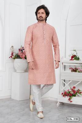 men peach jacquard silk brocade straight kurta churidar without lining 1