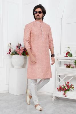men peach jacquard silk brocade straight kurta churidar without lining 2
