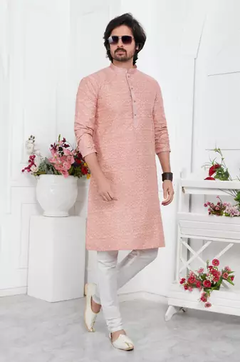 men peach jacquard silk brocade straight kurta churidar without lining