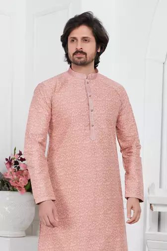 men peach jacquard silk brocade straight kurta churidar without lining