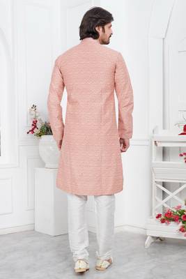 men peach jacquard silk brocade straight kurta churidar without lining 4