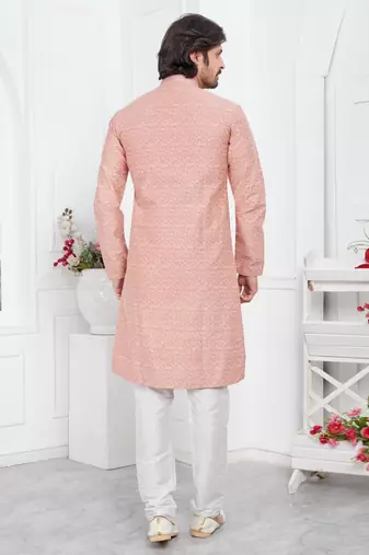 men peach jacquard silk brocade straight kurta churidar without lining