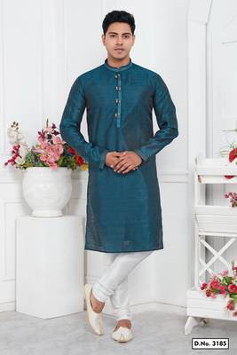 men blue jacquard silk brocade straight kurta churidar without lining 1