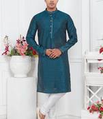 Men blue jacquard silk brocade straight kurta without lining