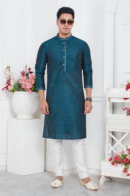 men blue jacquard silk brocade straight kurta churidar without lining 2