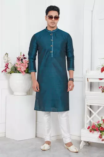 men blue jacquard silk brocade straight kurta churidar without lining