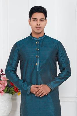 men blue jacquard silk brocade straight kurta churidar without lining 3