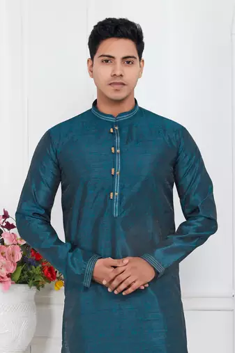 men blue jacquard silk brocade straight kurta churidar without lining