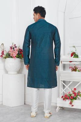 men blue jacquard silk brocade straight kurta churidar without lining 4
