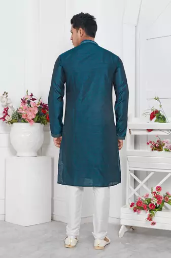 men blue jacquard silk brocade straight kurta churidar without lining