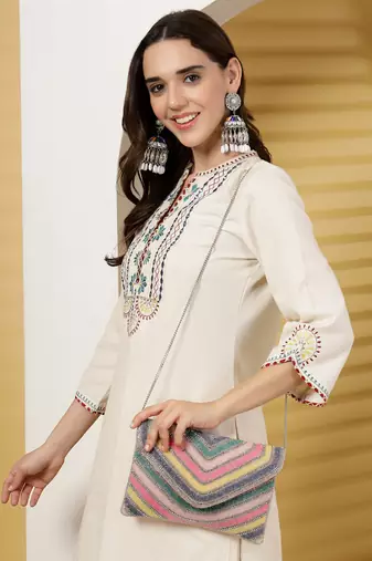 kooky pastel multi striped embellished satin sling bag