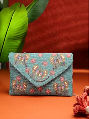 boho turquoise & multi quirky embellished satin sling bag 1