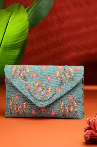 boho turquoise & multi quirky embellished satin sling bag