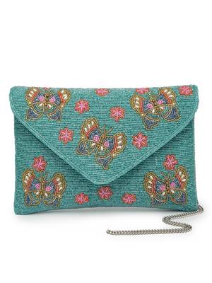 boho turquoise & multi quirky embellished satin sling bag 4