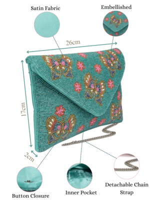 boho turquoise & multi quirky embellished satin sling bag 5