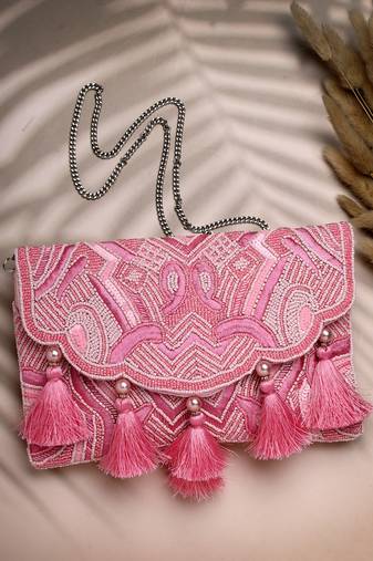 boho pink abstract embellished satin sling bag