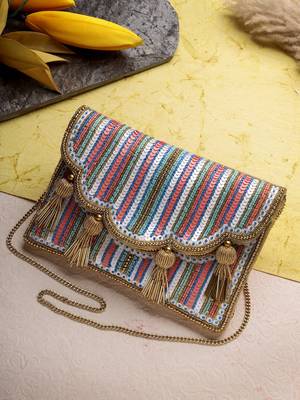 kooky champagne gold & multi striped embellished satin sling bag 1